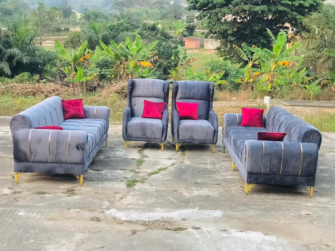 Gray lounge furniture set with accent pillows