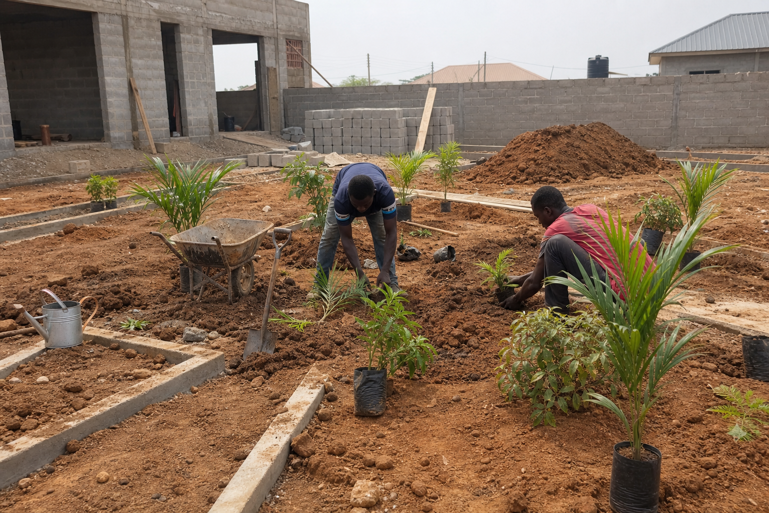 Landscaping team planting young palms and shrubs at a residential project site