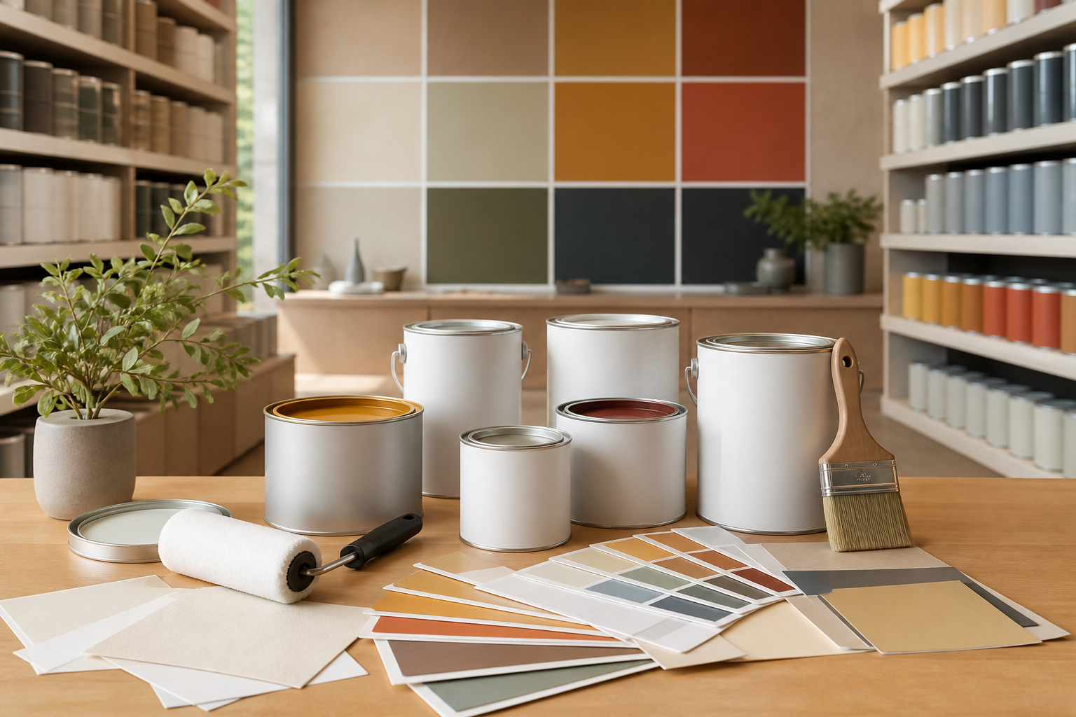 Premium paint cans, painting tools, and colour samples in a paint showroom