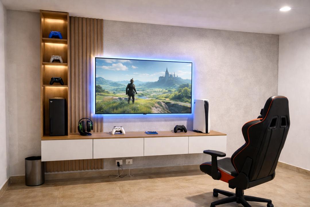 White floating TV unit in a modern living room