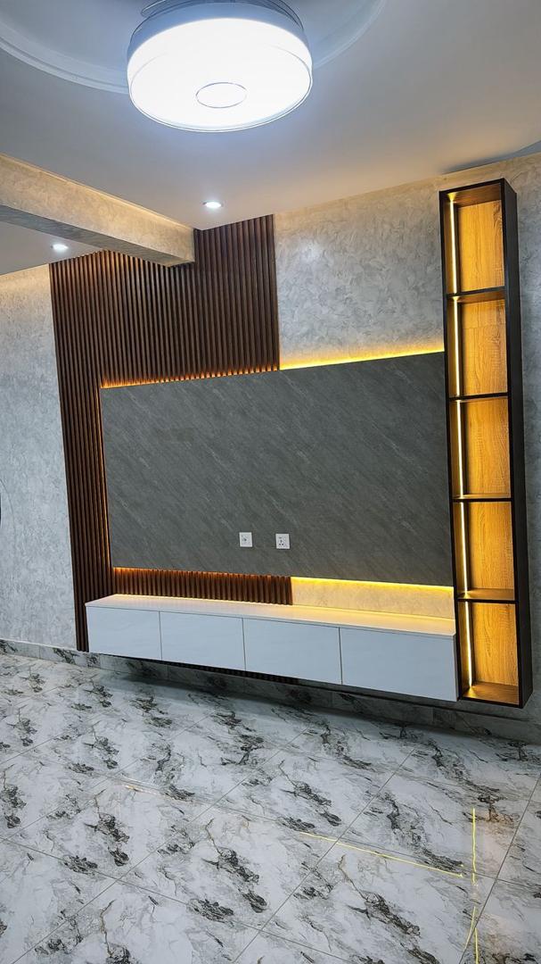 Floating console with marble panel detailing